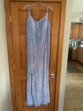 Light Blue Sequin Slip Dress with Front Slit Prom dress